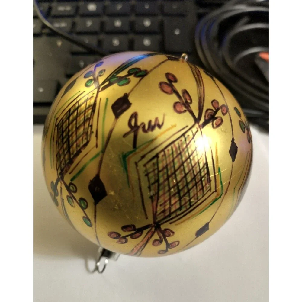 Artist Signed Gold Handpainted Blown Glass Christmas Ornament WEST GERMANY